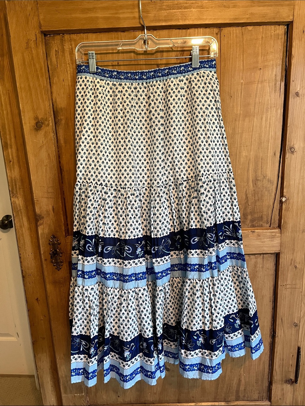 J. Crew White Midi Skirt with Navy and Cobalt Blue Prints
